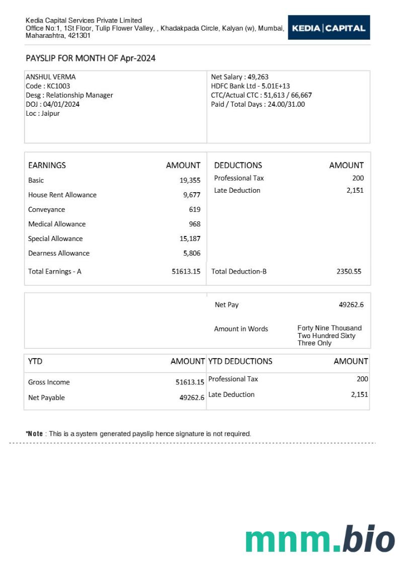 Kedia Capital Services investment Services payslip template in Word and PDF formats